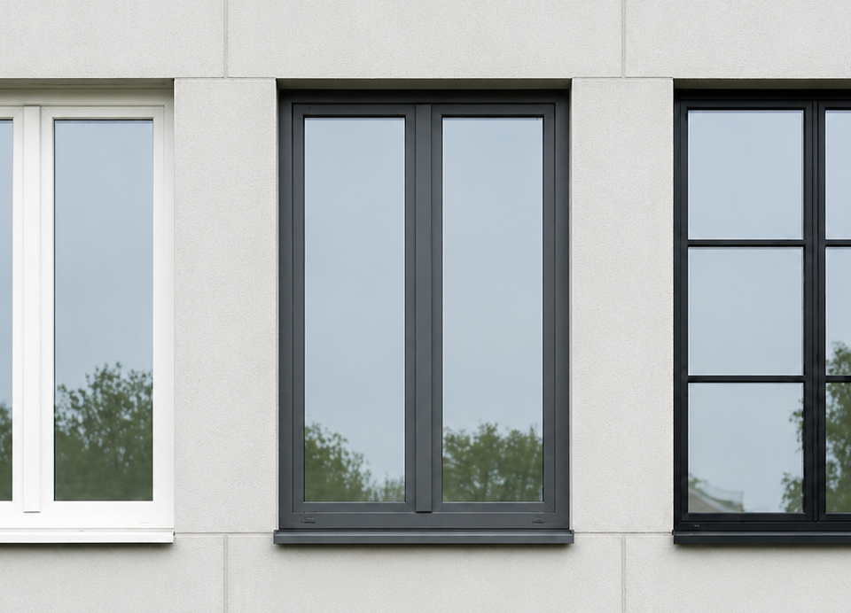 Comparatif de châssis sur mesure en PVC blanc, aluminium gris anthracite et fenêtre noir en acier à croisillons pour choisir le modèle adapté à son habitation