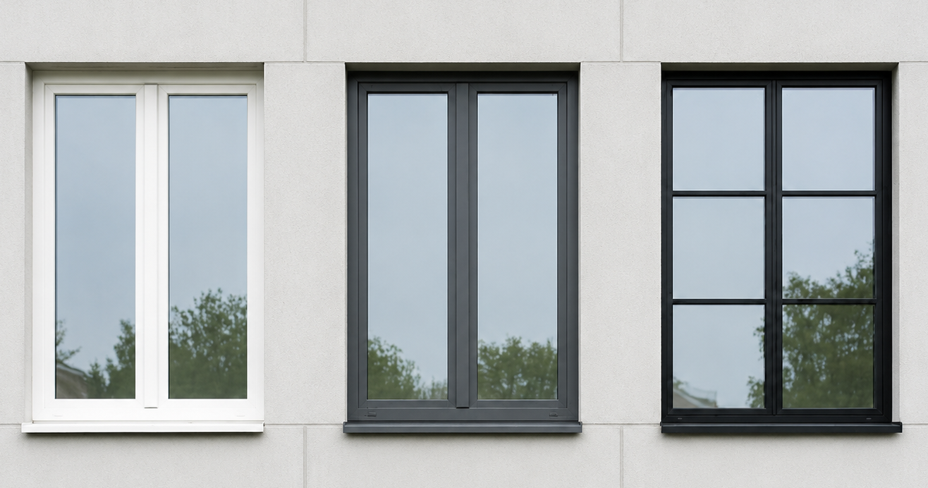 Comparatif de châssis sur mesure en PVC blanc, aluminium gris anthracite et fenêtre noir en acier à croisillons pour choisir le modèle adapté à son habitation