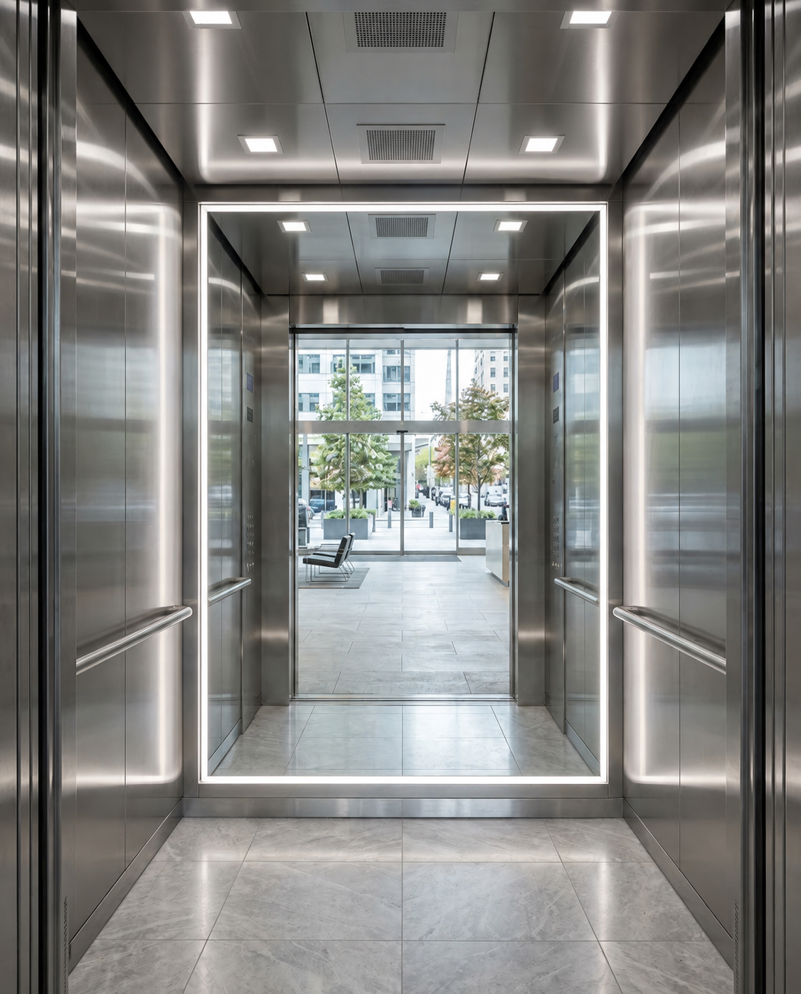 Grand miroir d’ascenseur sur mesure encadré par un éclairage LED dans une cabine moderne en inox