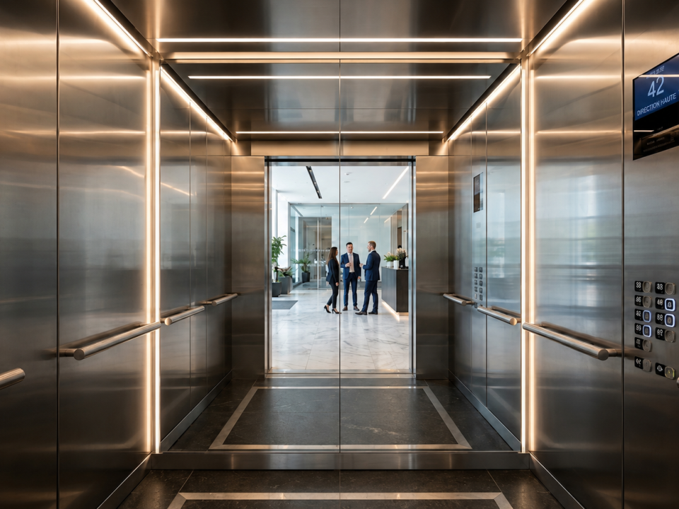 Miroir d’ascenseur sur mesure intégré dans une cabine moderne avec finitions inox et éclairage LED