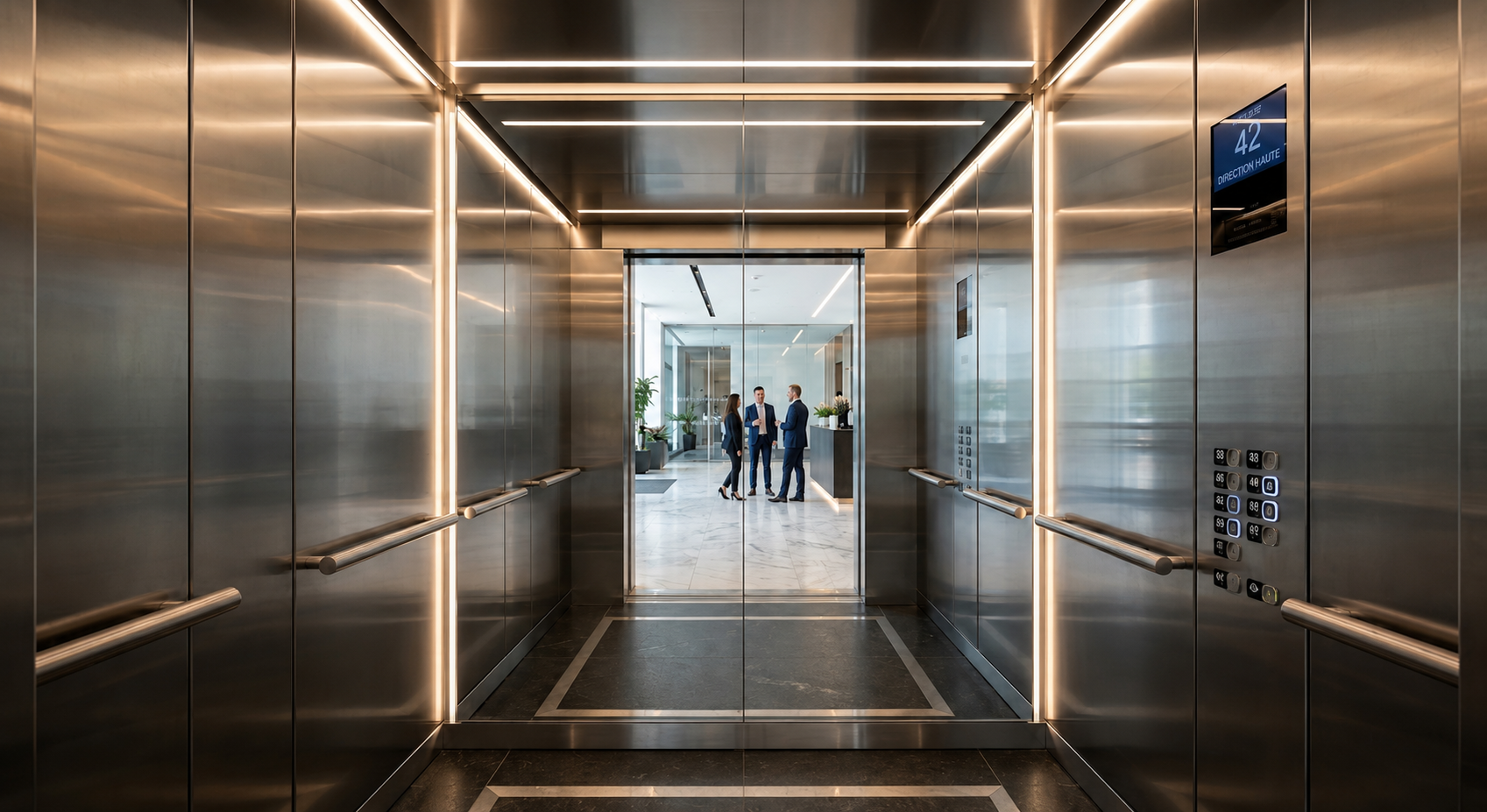 Miroir d’ascenseur sur mesure intégré dans une cabine moderne avec finitions inox et éclairage LED